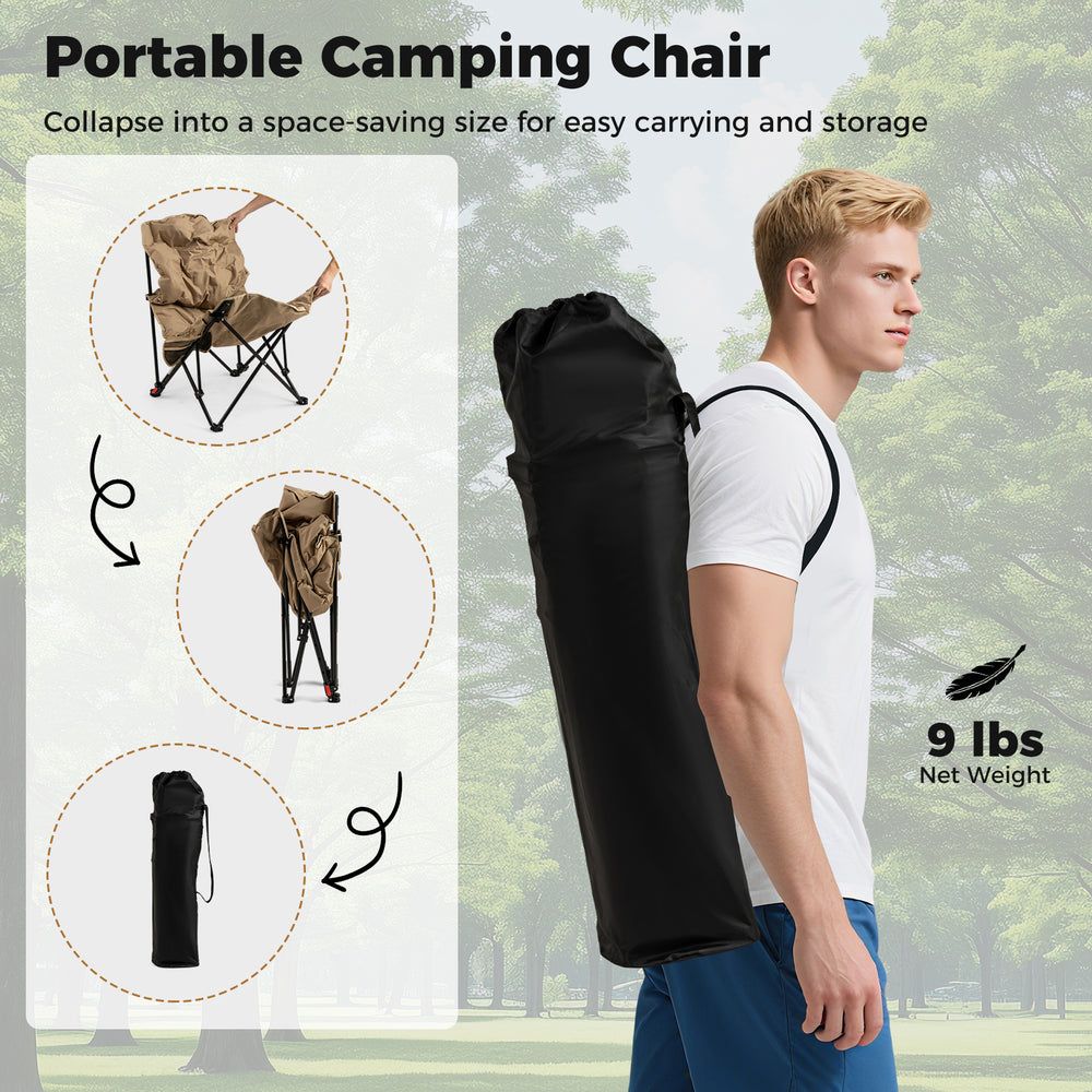 Folding camping chair in khaki with adjustable backrest and carrying bag, perfect for outdoor relaxation and easy.