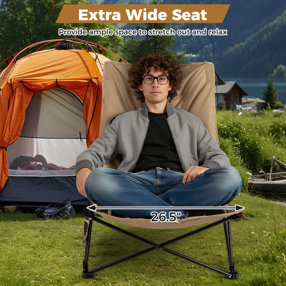 Extra wide folding camping chair with adjustable backrest, khaki color, perfect for outdoor relaxation and comfort.