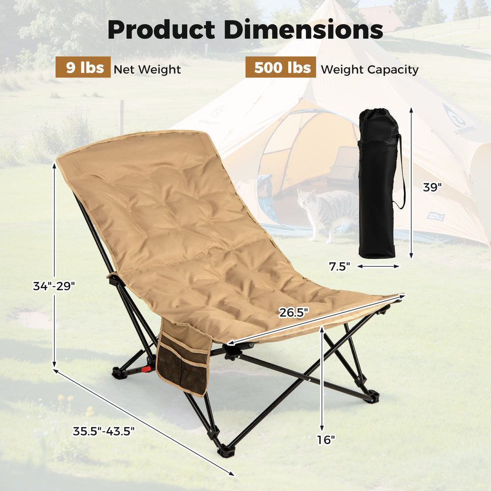 Folding camping chair in khaki with adjustable backrest, side pocket, and carrying bag, perfect for outdoor relaxation.