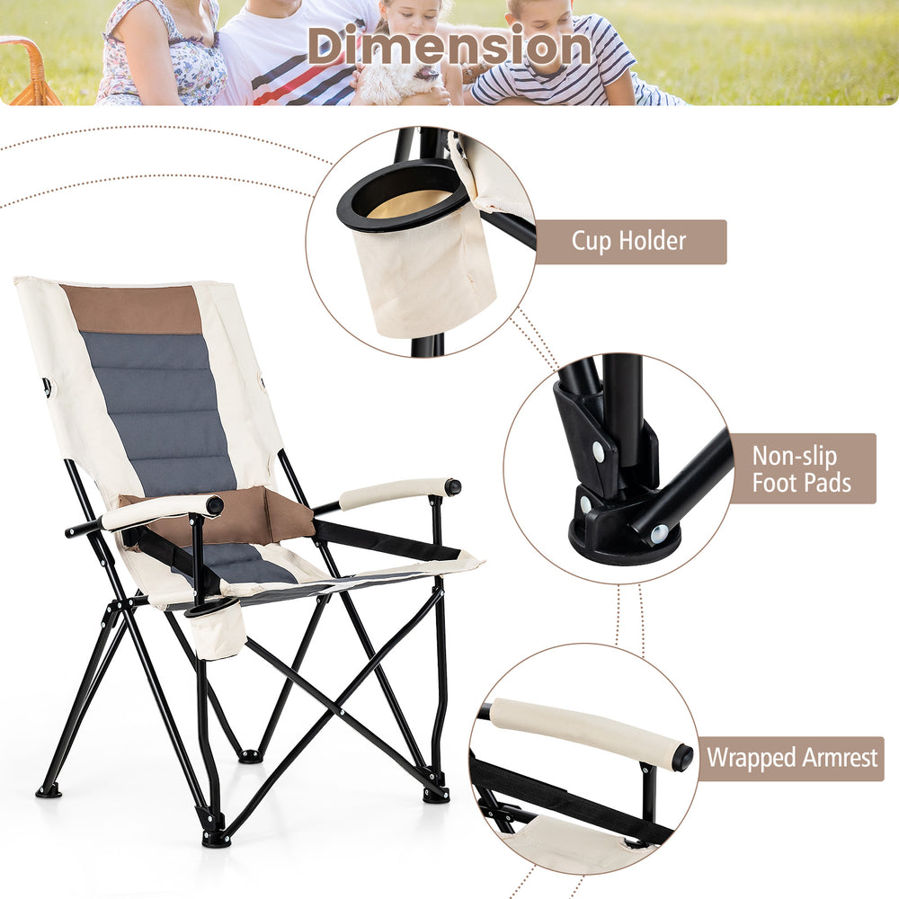 Folding camping chair with cup holder, lumbar pillow, and sturdy metal frame for outdoor convenience and comfort.