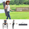 Folding camping chair with lumbar pillow and cup holder, featuring a foldable design for easy storage and transport.