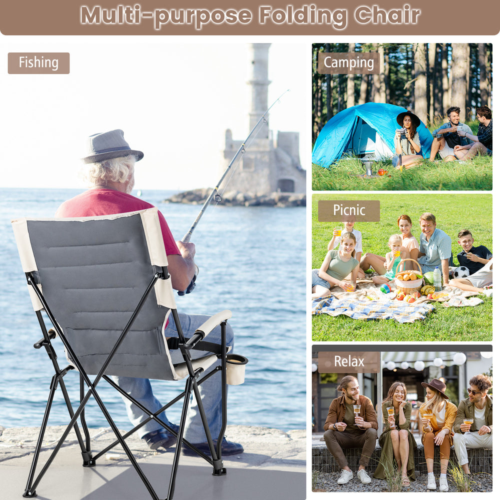 Folding camping chair with cup holder and lumbar pillow, featuring sturdy metal construction for outdoor relaxation.