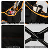 Large cooler pocket and cup holder on a black folding camping chair with footrest, ideal for outdoor activities.