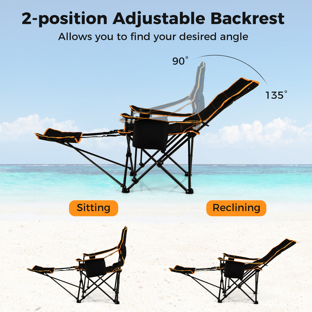 Folding camping chair with adjustable backrest and footrest, ideal for outdoor relaxation and comfort.