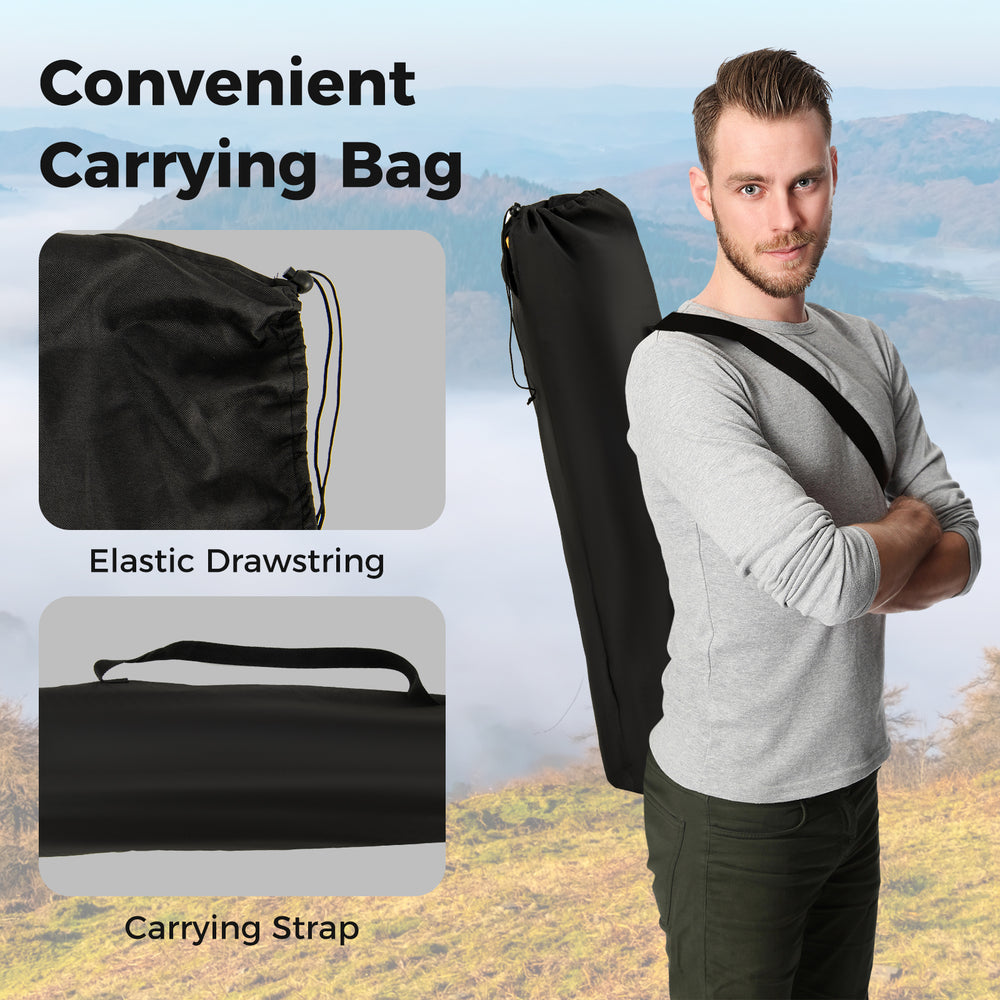 Black carrying bag for folding camping chair, featuring an elastic drawstring and convenient carrying strap for easy.