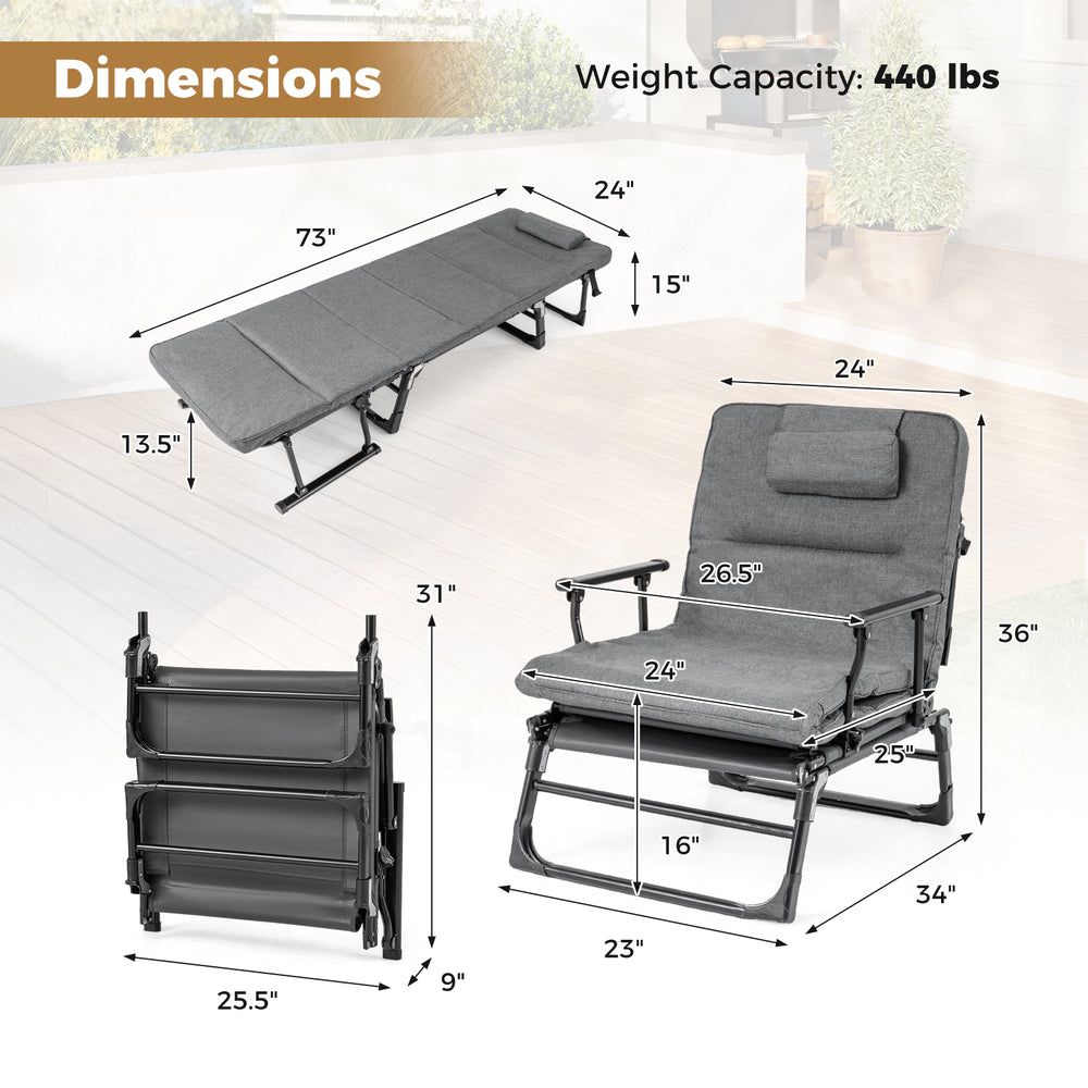 Folding camping cot in gray with dimensions, showcasing 3 in 1 convertible design for versatile seating options.