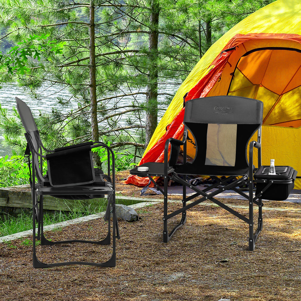 Folding Camping Directors Chair with Cooler Bag and Side Table-Black - Gallery View 1 of 10