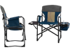 Folding camping director's chair in blue with cooler bag and side table, perfect for outdoor use and easy transport.