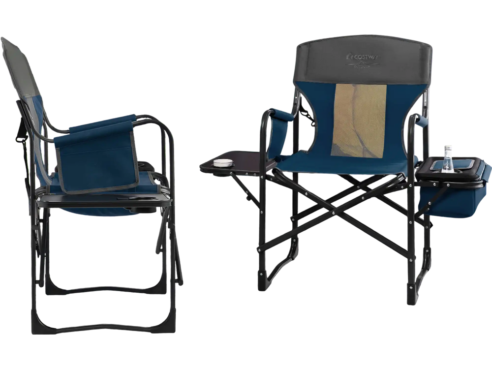 Folding camping director's chair in blue with cooler bag and side table, perfect for outdoor use and easy transport.