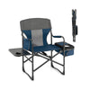 Folding camping director's chair in blue with cooler bag, side table, and removable armrest for outdoor convenience.