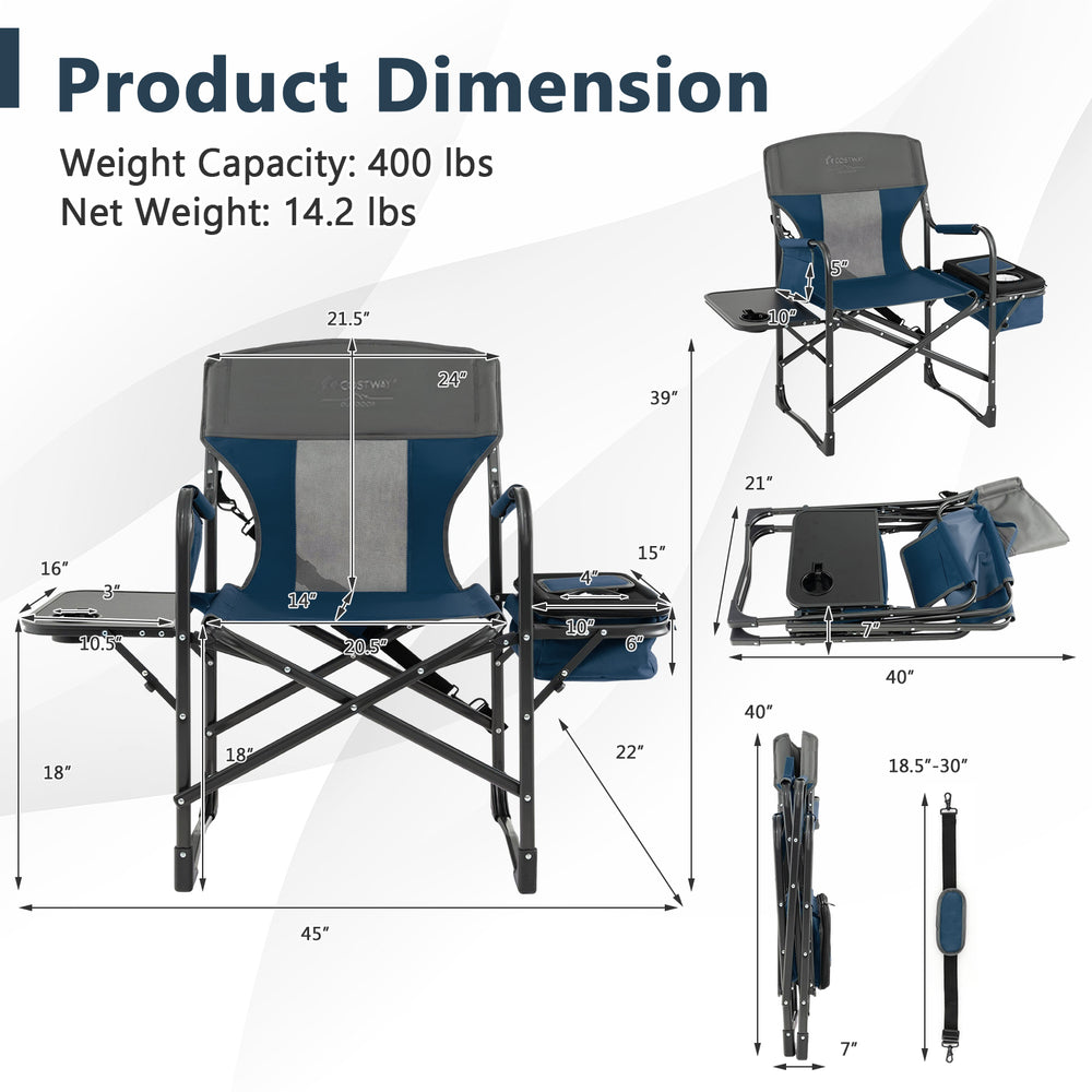 Folding camping directors chair in blue with cooler bag and side table, sturdy metal frame, ideal for outdoor use.