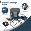 Folding camping chair in blue with cooler bag, side table, and storage bag, ideal for outdoor use and easy transport.