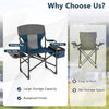 Folding camping directors chair in blue with cooler bag, side table, and rustproof finish for outdoor convenience.