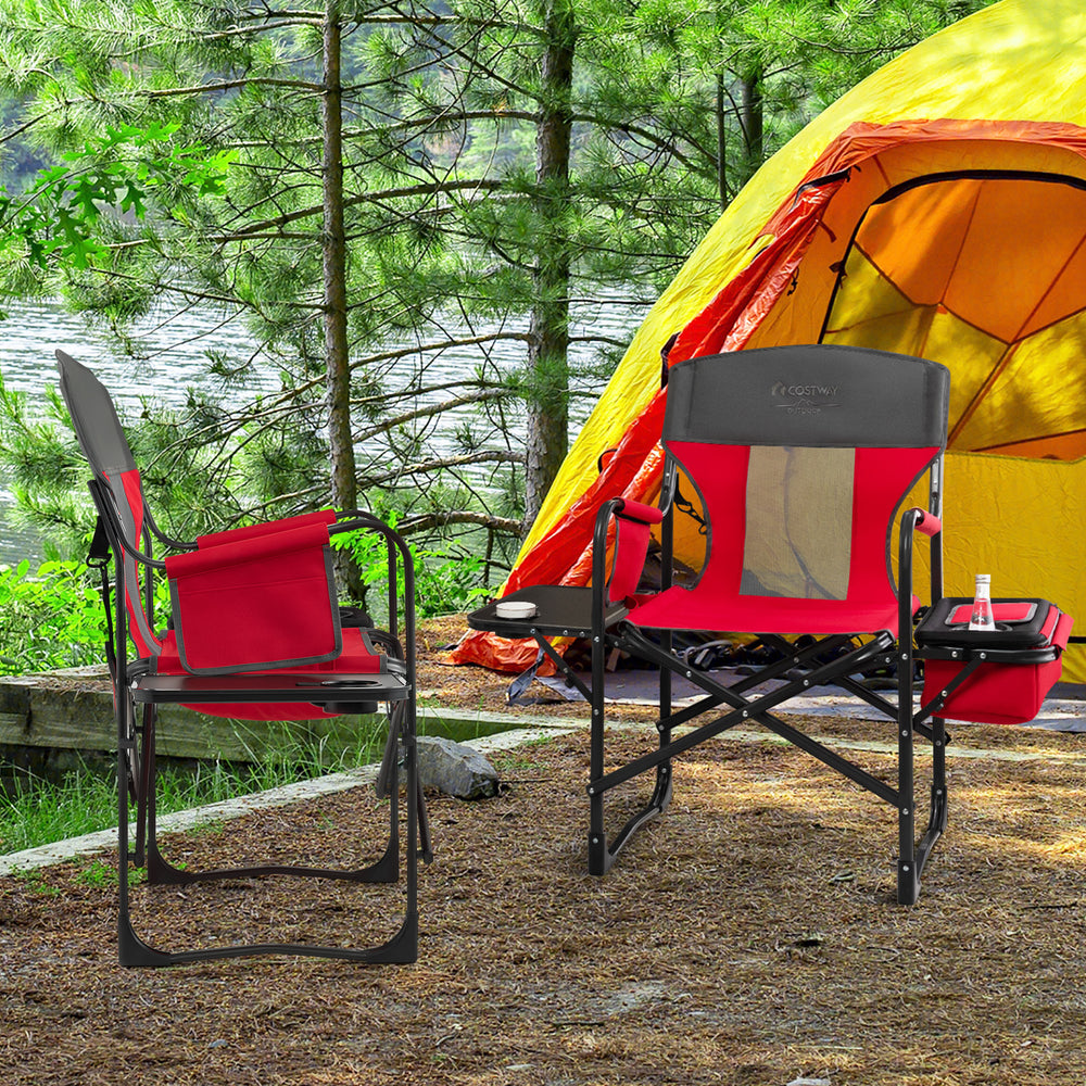 Folding Camping Directors Chair with Cooler Bag and Side Table-Red - Gallery View 1 of 10