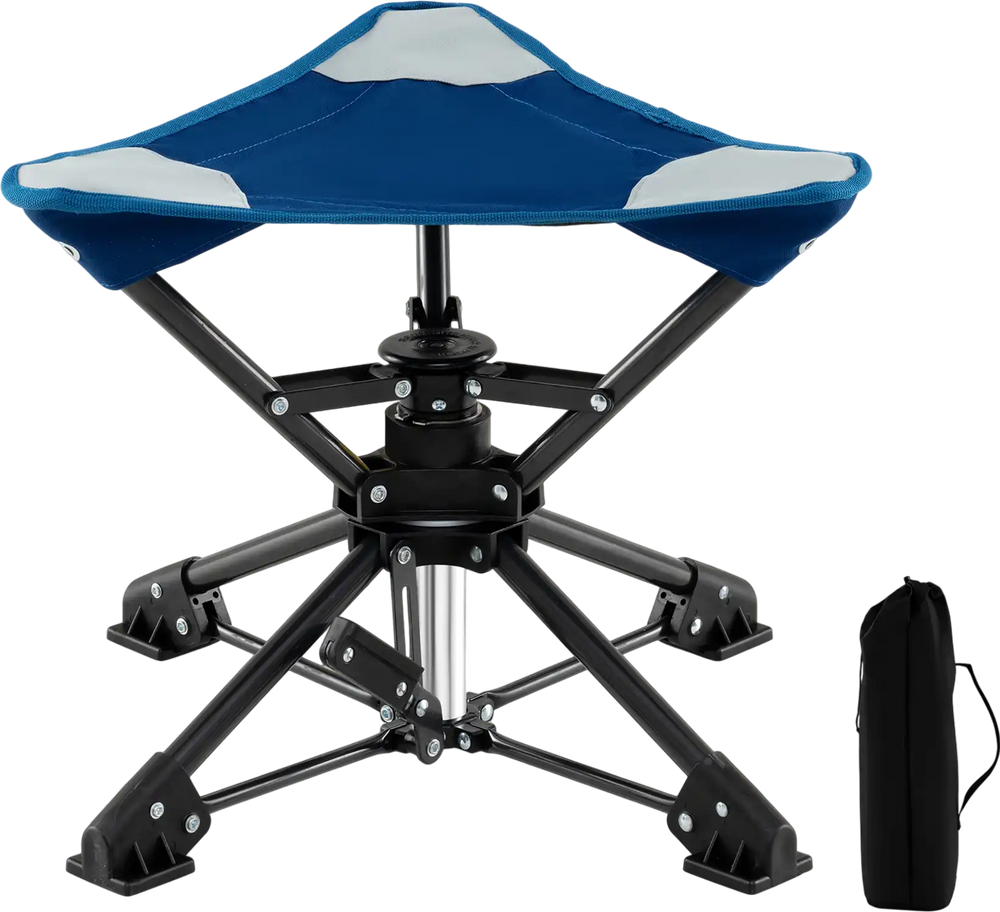 Folding camping stool with 360° swivel, sturdy metal frame, and anti-sink feet, perfect for outdoor events and travel.