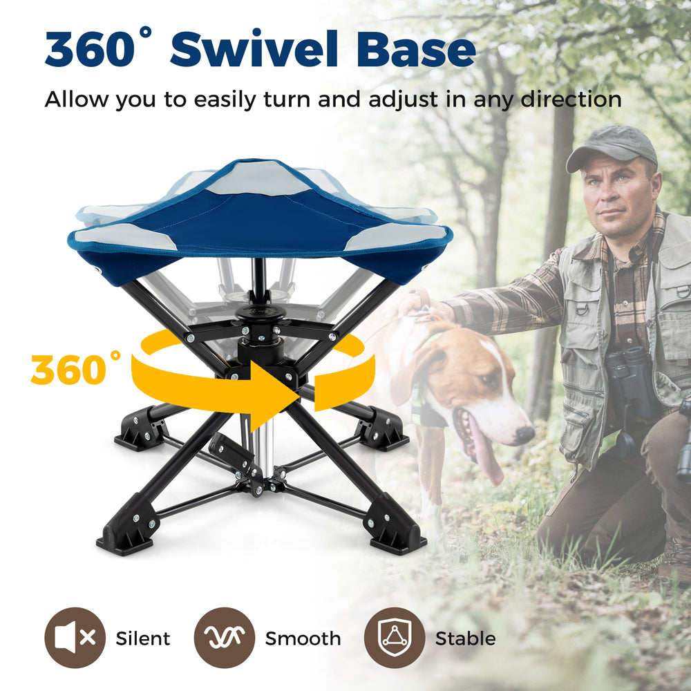Folding camping stool with 360° swivel base, sturdy metal frame, and anti-sink feet for outdoor events and activities.