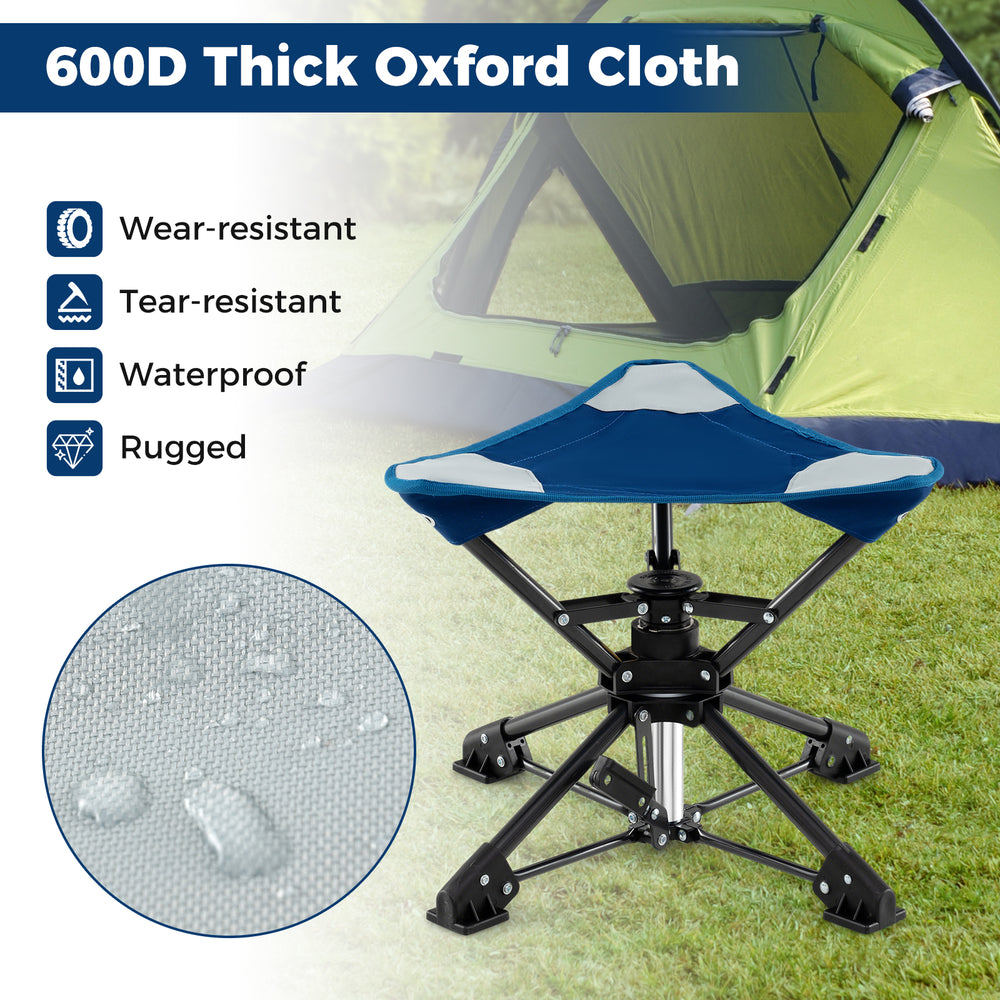 Folding camping stool with 360° swivel, sturdy 600D oxford cloth, and anti-sink feet for stability at outdoor events.