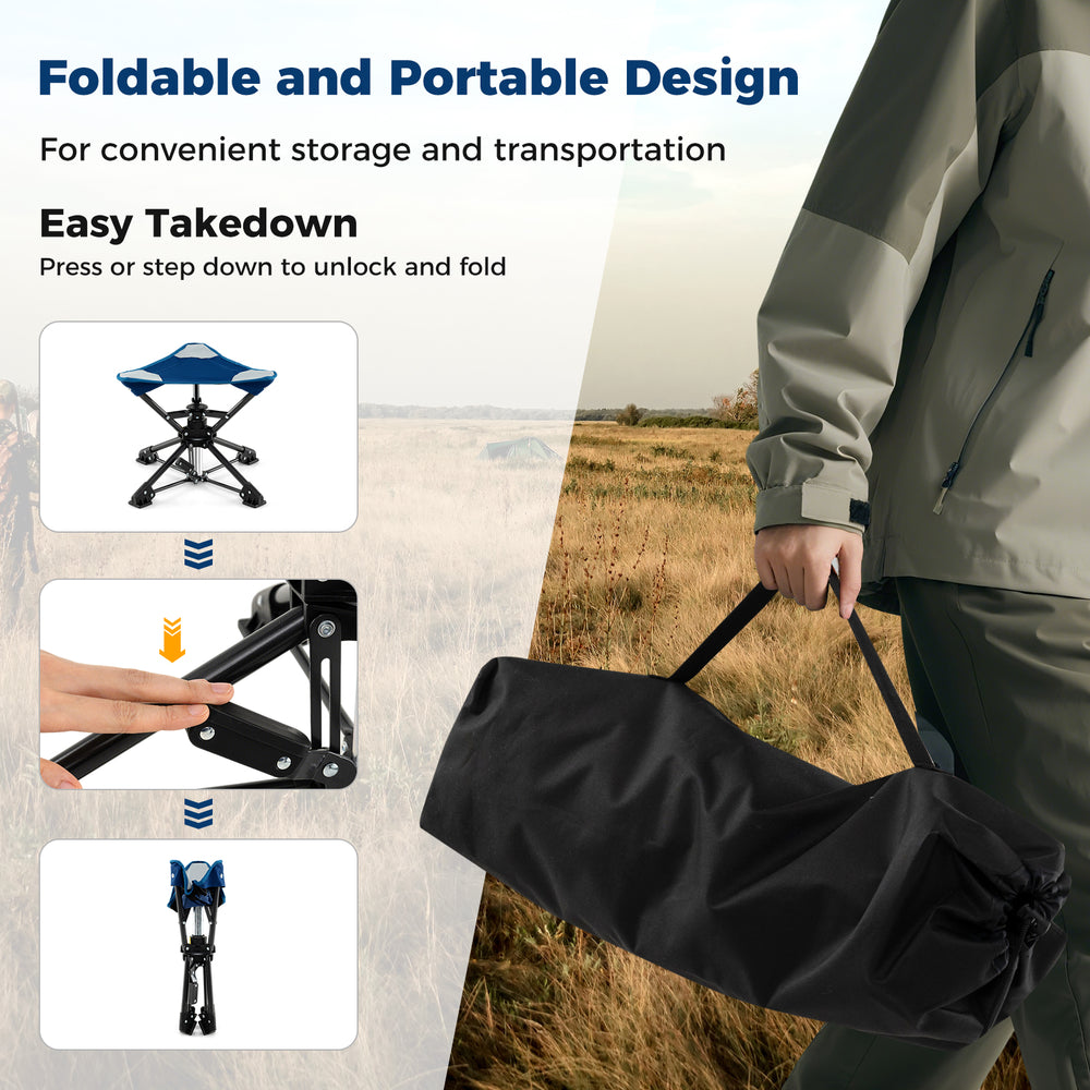 Folding camping stool with 360° swivel, sturdy metal frame, and anti-sink feet, perfect for outdoor events.