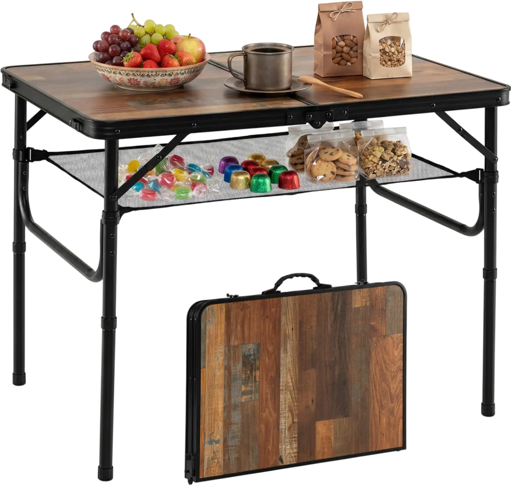 Folding camping table in black and brown with adjustable height, storage net, and handle, ideal for outdoor use.