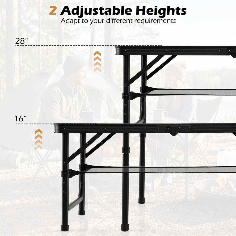 Folding camping table in black and brown with adjustable heights of 16" and 28", ideal for outdoor use.