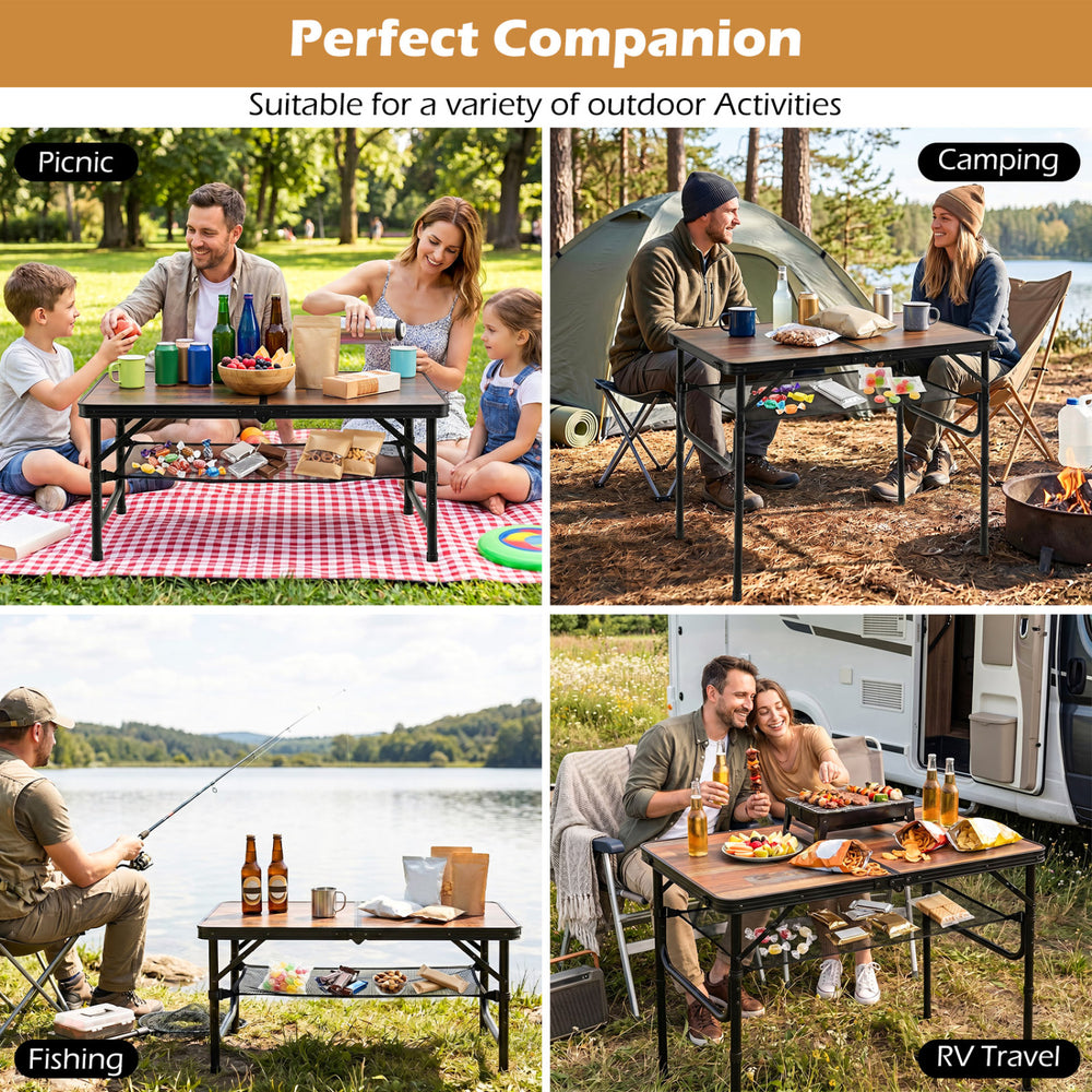 Folding camping table in black and brown, shown in outdoor picnic and camping settings, ideal for versatile activities.