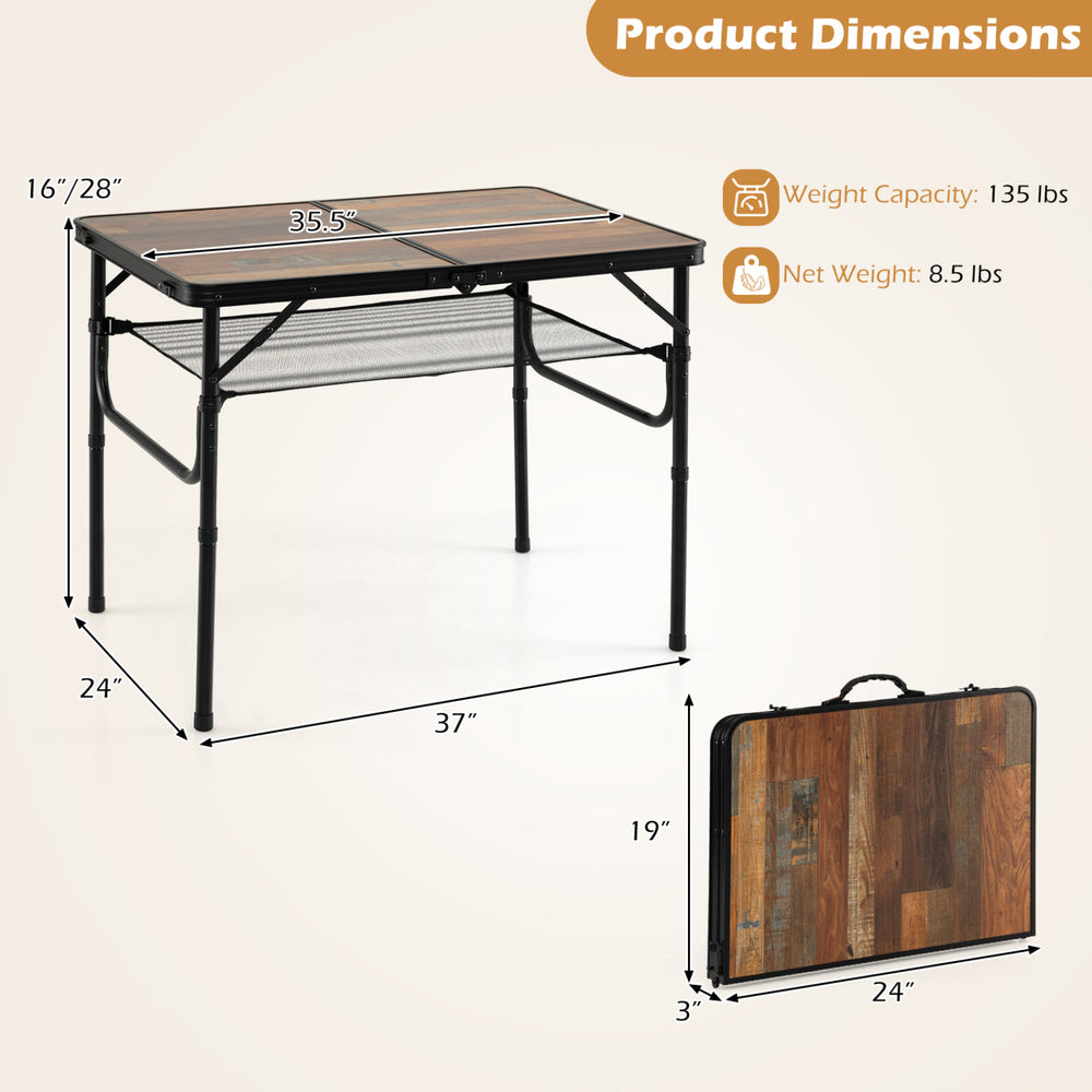 Folding camping table in black and brown with adjustable heights, storage net, and handle for easy transport.