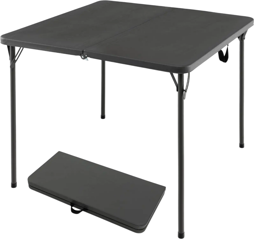 Folding camping table with gray all-weather HDPE tabletop and rustproof steel frame, perfect for outdoor use.