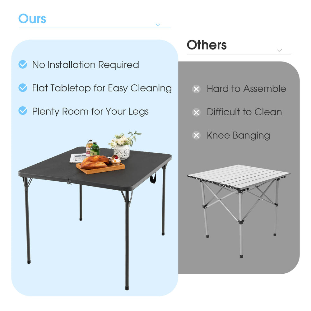 Folding camping table with gray HDPE tabletop and rustproof steel frame, perfect for outdoor use and easy cleaning.
