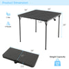 Folding camping table with gray HDPE tabletop and rustproof steel frame, accommodating 4 people for outdoor use.