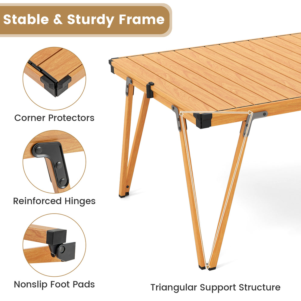 Folding camping table with a waterproof brown surface, triangular support structure, and corner protectors for.