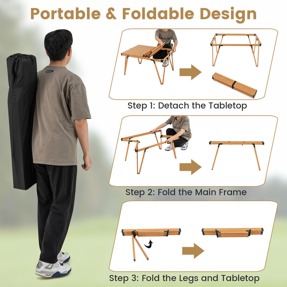Folding camping table in brown with portable bag, showcasing step-by-step assembly for picnics and camping activities.