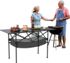 Patio folding camping table with roll-up aluminum tabletop and detachable mesh basket, ideal for BBQ and outdoor.