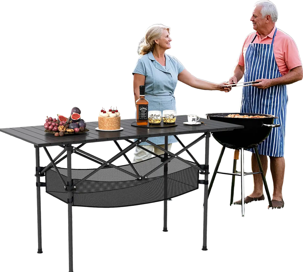 Patio folding camping table with roll-up aluminum tabletop and detachable mesh basket, ideal for BBQ and outdoor.