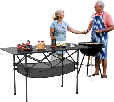 Costway Folding Camping Table Roll-up Top Mesh Basket Black 458972136 New