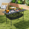 Patio folding camping table with roll-up aluminum tabletop and detachable mesh basket, ideal for outdoor picnics and.