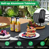 Patio folding camping table with roll-up aluminum tabletop, featuring a mesh basket, ideal for outdoor picnics and BBQs.