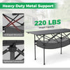 Patio folding camping table with roll-up aluminum tabletop, heavy-duty metal support, and detachable mesh basket for.