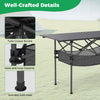 Close-up of the patio folding camping table showing tube groove buckle, hook and loop fastener, and anti-slip foot pads.