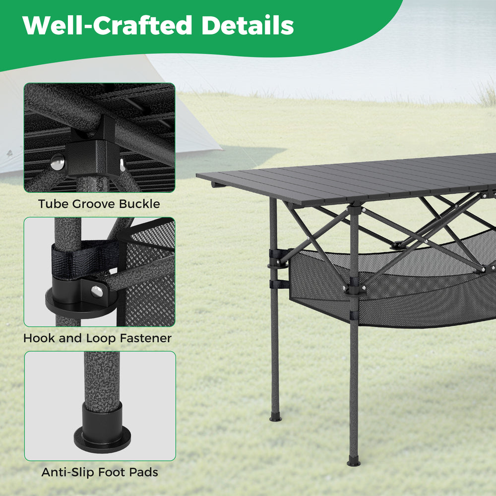 Close-up of the patio folding camping table showing tube groove buckle, hook and loop fastener, and anti-slip foot pads.