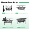 Patio folding camping table with roll-up aluminum tabletop and mesh basket, shown in assembly steps for easy setup.