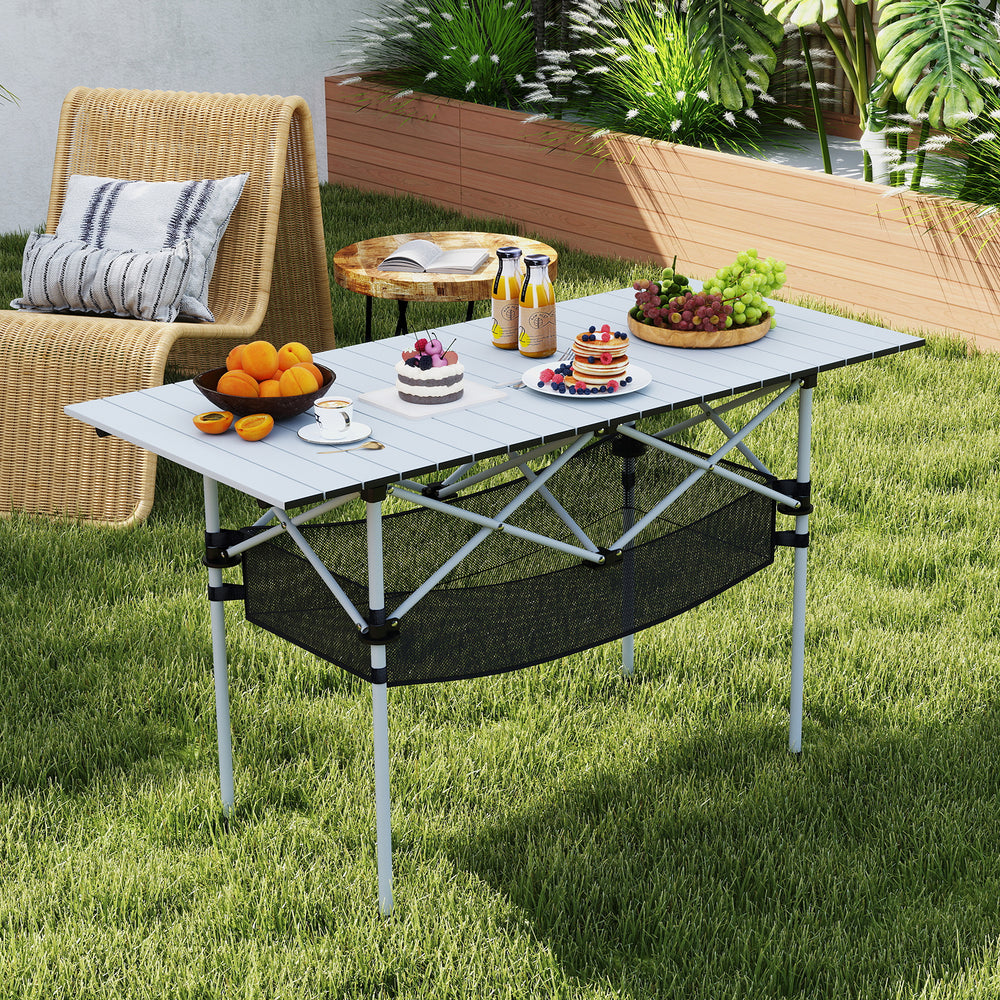 Patio Folding Camping Table with Roll-up Tabletop and Mesh Basket-Silver - Gallery View 1 of 10