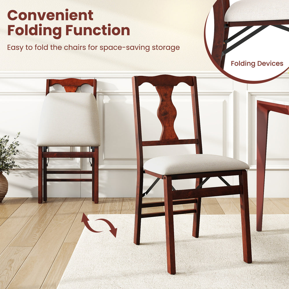Folding dining chair with padded seat and ergonomic backrest in brown, featuring a convenient folding function for easy.