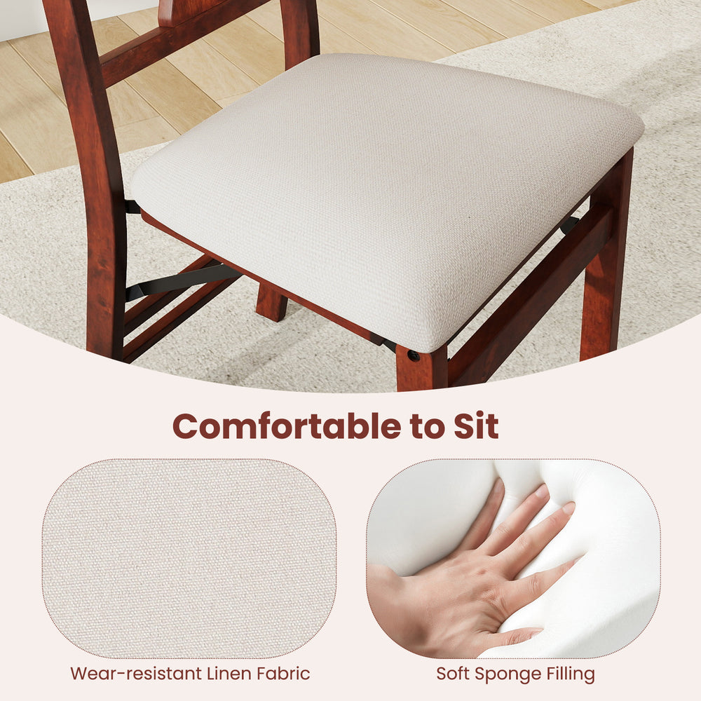 Close-up of a padded seat in a folding chair, featuring wear-resistant linen fabric and soft sponge filling for comfort.