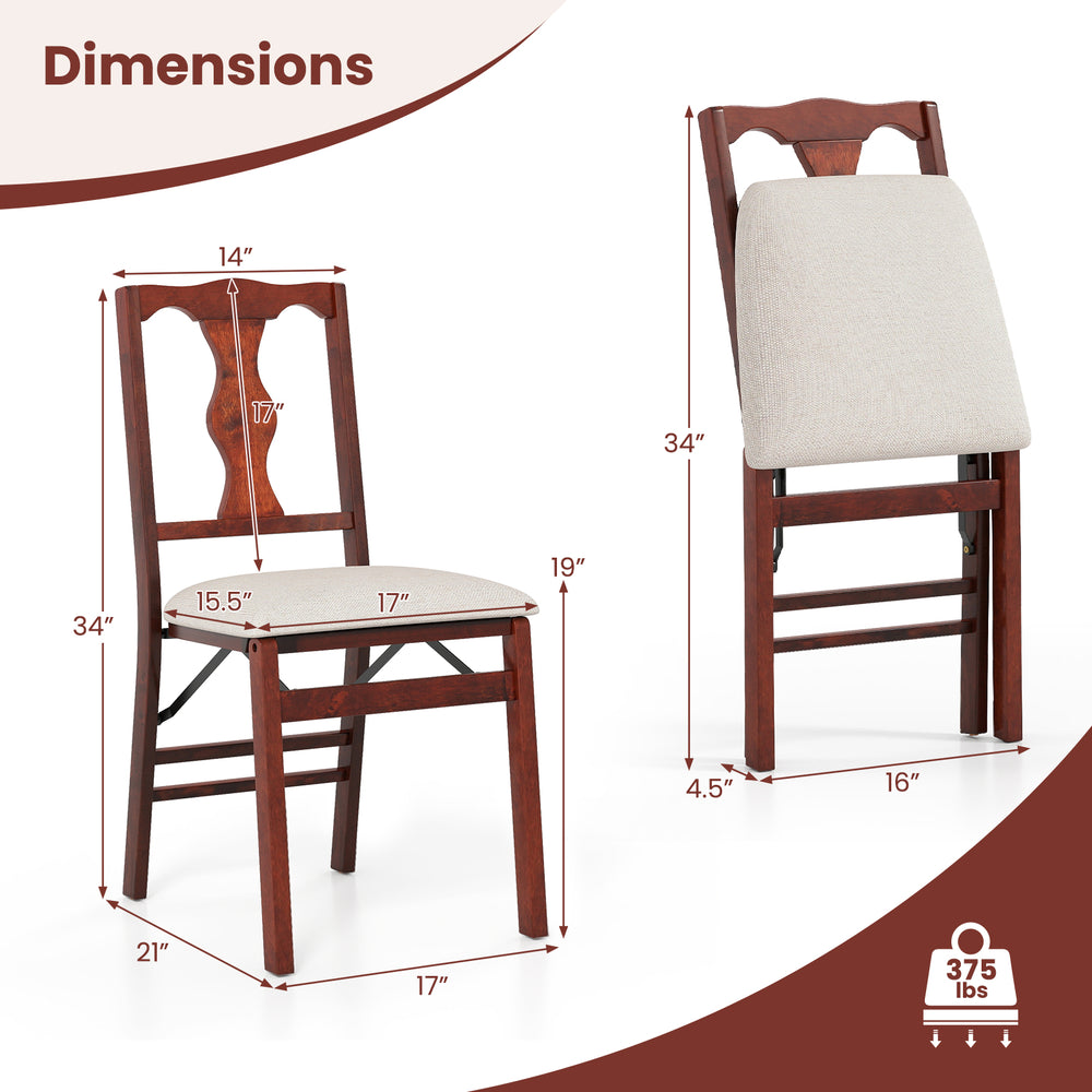 Folding dining chair set of 2 with upholstered padded seats, brown rubber wood frame, ergonomic backrest for comfort.