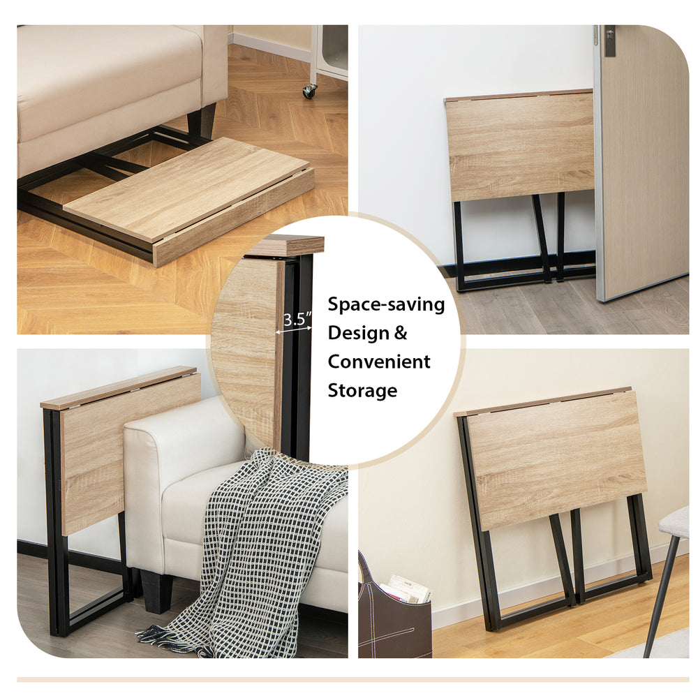 Folding computer desk with natural finish, space-saving design, and sturdy metal frame for home office use.