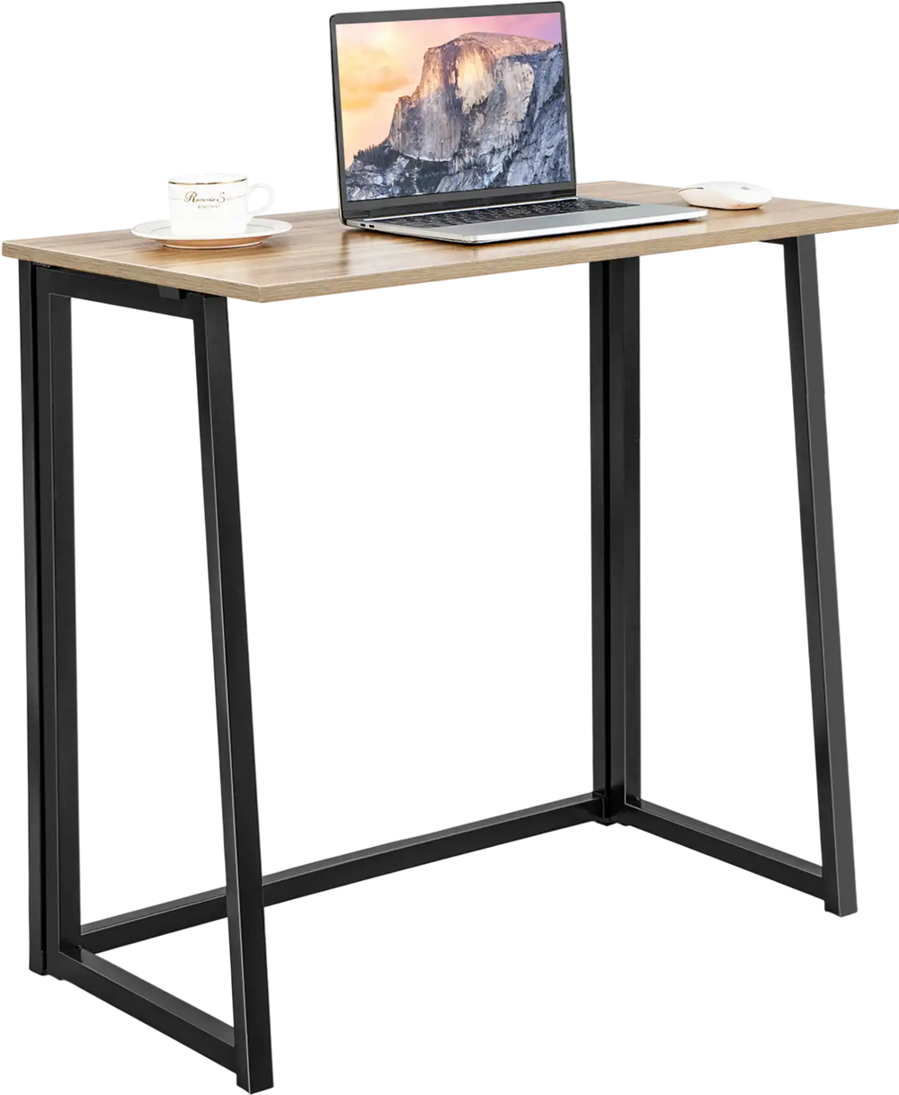 Folding computer desk with a natural wood finish and sturdy metal frame, ideal for small spaces and home office use.