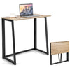 Folding computer desk with natural finish and sturdy metal frame, ideal for small spaces and home office use.