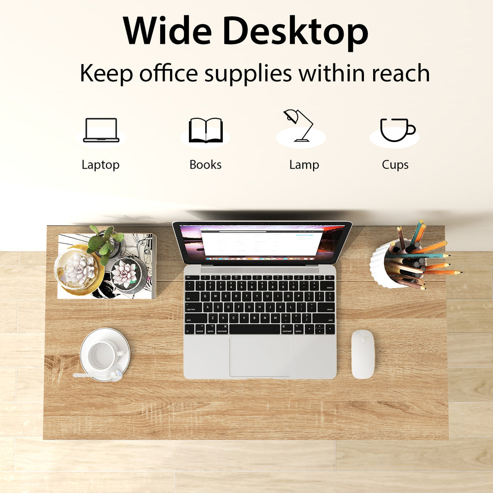 Wide desktop folding computer desk in natural finish, ideal for small spaces and home office organization.