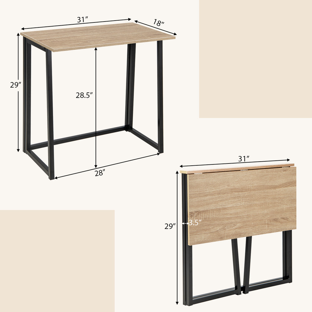 Folding computer desk with a natural wood finish, 31 inches wide, perfect for small spaces and home office use.