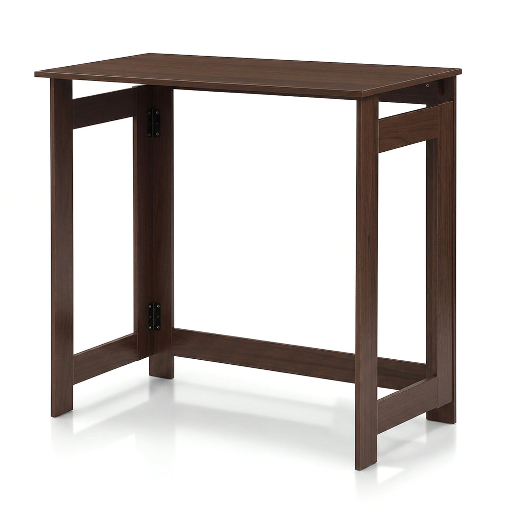 Brown folding console table with sturdy design and foldable legs, perfect for compact spaces like hallways or living.